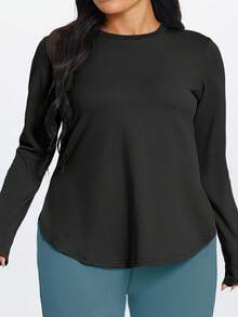 1pc Plus Size Women's Side Slit Crew Neck Long Sleeve T-Shirt, Elastic Regular Shoulder Slimming Solid Color Minimalist Black Sports - Black - View 3