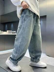Fashionable Casual Tween Boys Denim Jeans, Simple And Versatile For Daily Wear - 中等水洗藍 - 查看 2
