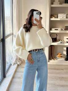 Plus Size Women's White Round Neck Casual Knit Sweater Fall - Cream - View 1