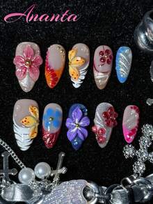 10pcs Almond Shaped Handmade Acrylic Press-On Nails, Premium French Cat Eye Tie Dye Hand-Painted Asymmetrical Line Colorful Nail Tips, With Tool Kit, Suitable For Party, Wedding, Daily Wear, For Girls And Women - Multicolor - View 2