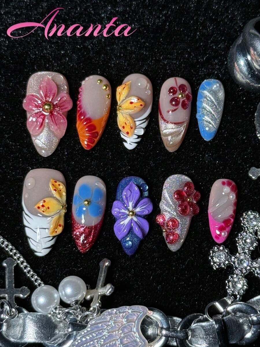 10pcs Almond Shaped Handmade Acrylic Press-On Nails, Premium French Cat Eye Tie Dye Hand-Painted Asymmetrical Line Colorful Nail Tips, With Tool Kit, Suitable For Party, Wedding, Daily Wear, For Girls And Women
