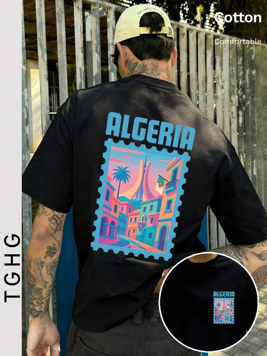 T Summer Men's Fitted T-Shirt, Algeria Vintage Stamp Design With Vibrant Print Vacation Travel Beach - Black - View 1