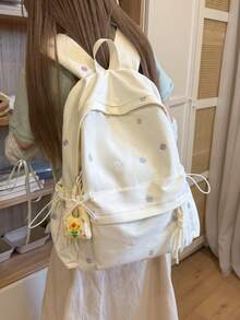 清新刺繡小碎花圖案後背包，大容量多口袋學院風學生書包，輕量耐用防水布料，寬鬆大隔層可放書籍、雜誌、筆電，前口袋可收納個人物品，側面抽繩口袋可放水壺與雨傘，寬肩墊肩帶舒適適合長時間背負，適用於學校、補習、通勤、購物、旅行，開學季推薦 - 彩色 - 查看 17