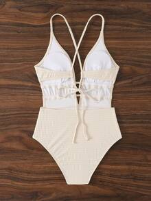 Traje de baño de una pieza sexy para mujer con cuello halter y lazo, sin mangas, corto de punto, estilo casual de playa para vacaciones de verano, con recortes - Albaricoque - Ver 6
