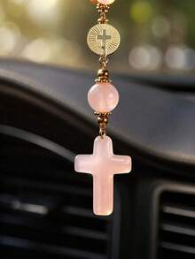 Pink Crystal Cross Car Rearview Mirror Hanging Ornament, Bohemian Handmade Sun Catcher With Gold Chain And Natural Stone Beads, Elegant Spiritual Protection Amulet, Suitable For Various Car Interior Decoration - Cross Pendant - View 6