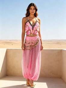 Professional Belly Dance Coin Fringe Halter Crop Top With Waist Scarf, Elastic Waist Dot Mesh Harem Pants For Dance Training, Stage Shows And Competitions - Multicolor - View 8