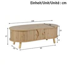 Pea-Shaped Coffee Table With Grooved Design, 2 Sliding Doors, Living Room Table, Wood Look, Solid Wood Legs, MDF Material - Natural Color - View 4