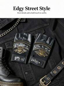 Autumn Winter Warm Half Finger Leather Gloves Unique Pirate Skull Rivet Decor Non Slip Durable Gloves For Men Women Outdoor Cycling Mountaineering - Pirate Black - View 2
