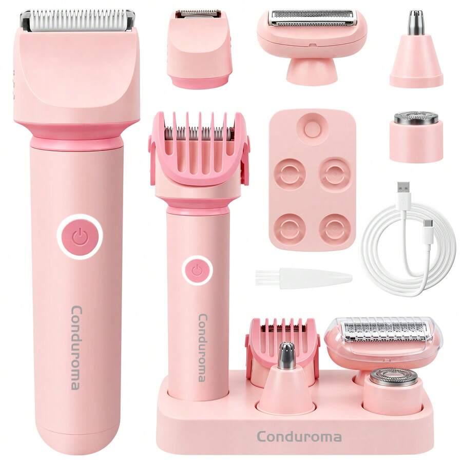 Conduroma Conjunto de Aparador Corporal Feminino 5 em 1 Indolor, Barbeador Elétrico Lavável Úmido & Seco, Adequado para Rosto, Nariz, Área do Maiô Bikini, Pernas e Axilas, Bateria Recarregável, com Base de Armazenamento, Pentes Guia Ajustáveis e Escova de Limpeza - Multicolorido - Visão 1