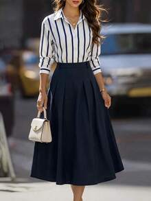 Elegant Vintage Navy Blue 2 Pieces Set, Commuter Elegant Lapel Navy Striped Long Sleeve Shirt And High-Waisted Navy Blue A-Line Pleated Skirt, Elegant Women's 2 Pieces Set, Commuter 2 Pieces Set, Elegant Vacation And Daily Commute Wear - Multicolor - View 5