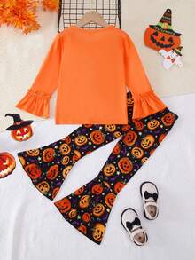 2pcs/Set Pakaian Anak Perempuan Kasual Motif Atasan Lengan Panjang & Celana Panjang Model Flare Motif Potongan Acak, Musim Semi/Musim Gugur Halloween - Jeruk - View 6