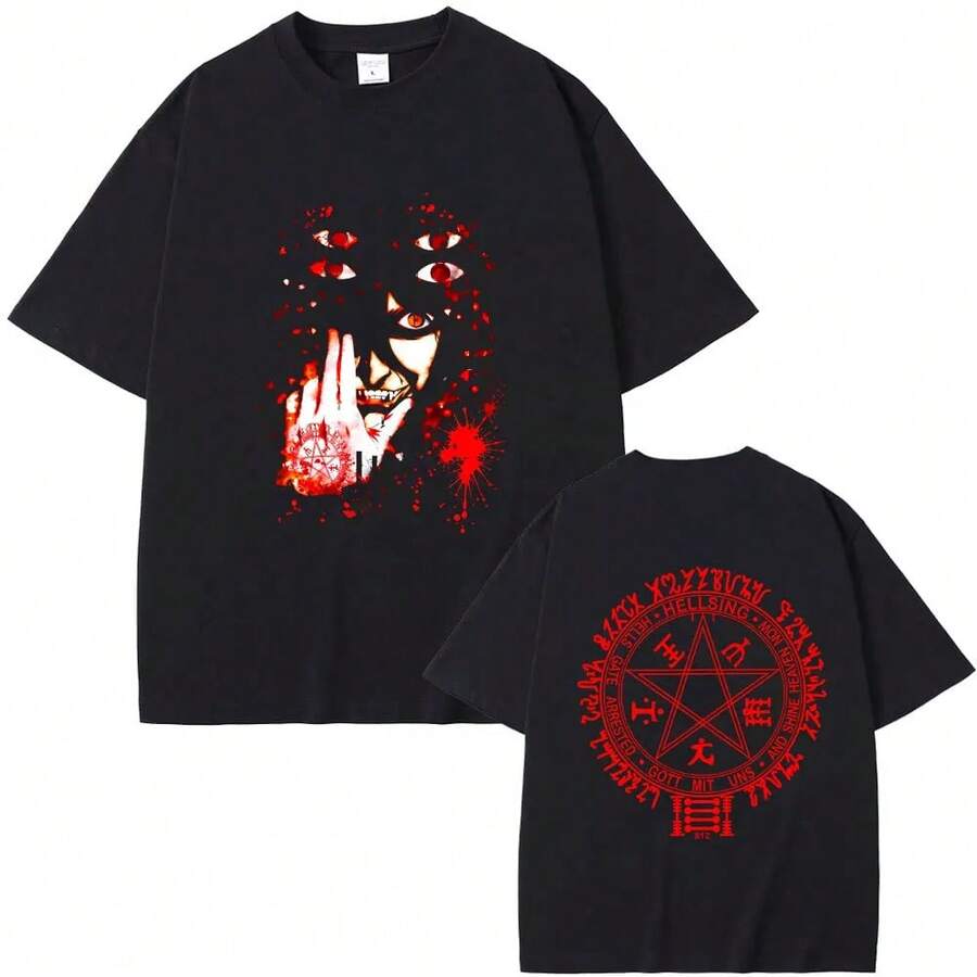 Camiseta con Gráfico de la Cara de Alucard de la Serie Anime Hellsing Abraham Van Helsing Vampire, Camiseta Oversized de Manga para Hombres y Mujeres, Moda Masculina Streetwear - Negro - Ver 1
