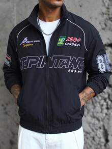 Men's Black Y2K Street Style Racing Pilot Jacket, Printed Stand Collar, Long Sleeve Zip-Up Outerwear - Black - View 5