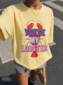 SHEIN X FRIENDS Summer Women Light Yellow Lobster Color Letter Print Oversized Casual Short Sleeve Tee - Yellow - View 3