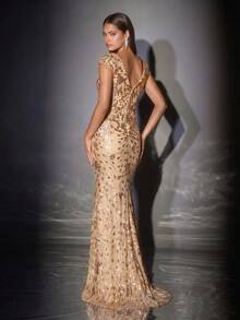 XUIBOL Spring/Summer Women's High-Quality Elastic Sequin V-Neck Cap Sleeve Mermaid Hem Design Solid Color Elegant Luxury Long Dress, Showcasing Feminine Youthful Charm, Suitable For Various Parties, Graduation Ceremonies, Weddings, Events, Banquets And Balls (Luxury Edition) - 金色 - 查看 4