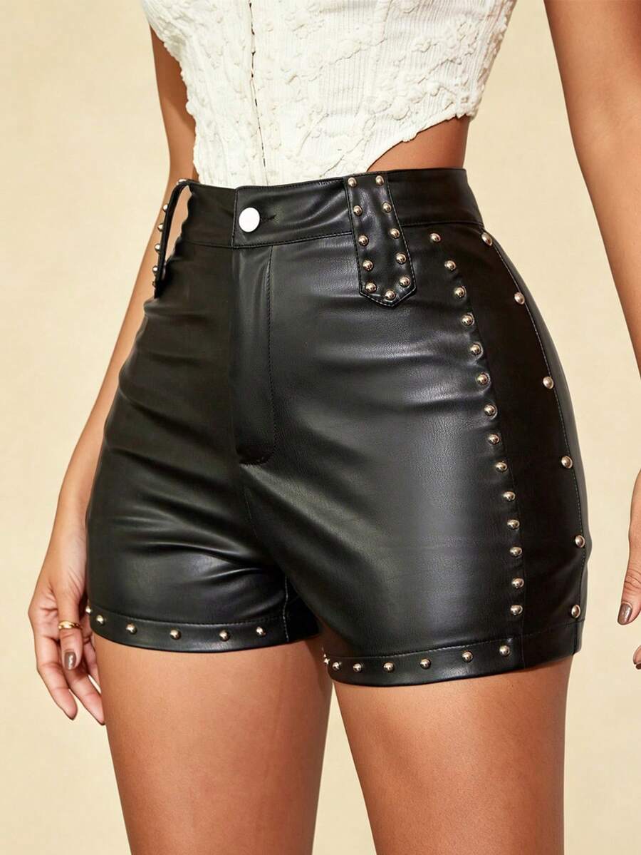 Apperloth A Punk Rock High Waist Rivet Decor PU Leather Tight Rave Mini Shorts Black Summer - Black - View 1