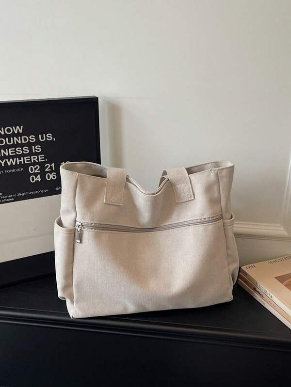  Large Capacity Canvas Tote Bag Multi Pocket Shoulder Bag For School Office