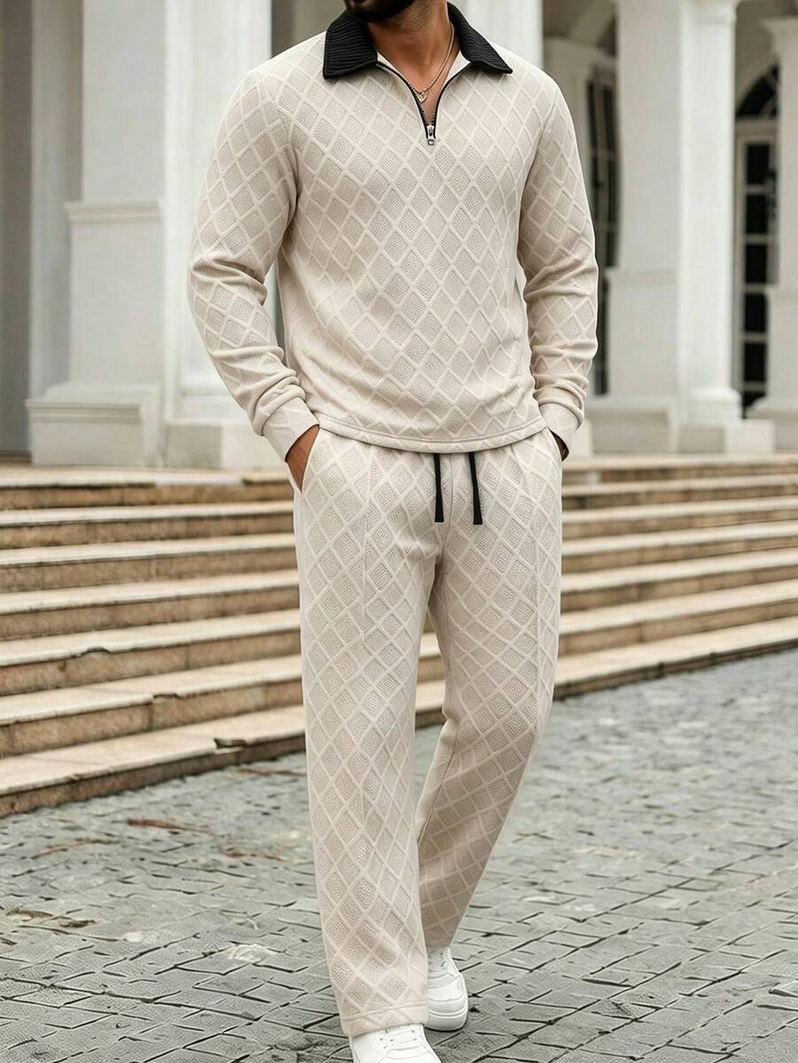 Men's 2 Pieces Set, 1/4 Zip Pullover And Long Pants, Casual Versatile, Suitable For Daily And Business Wear Sports - Apricot - View 1