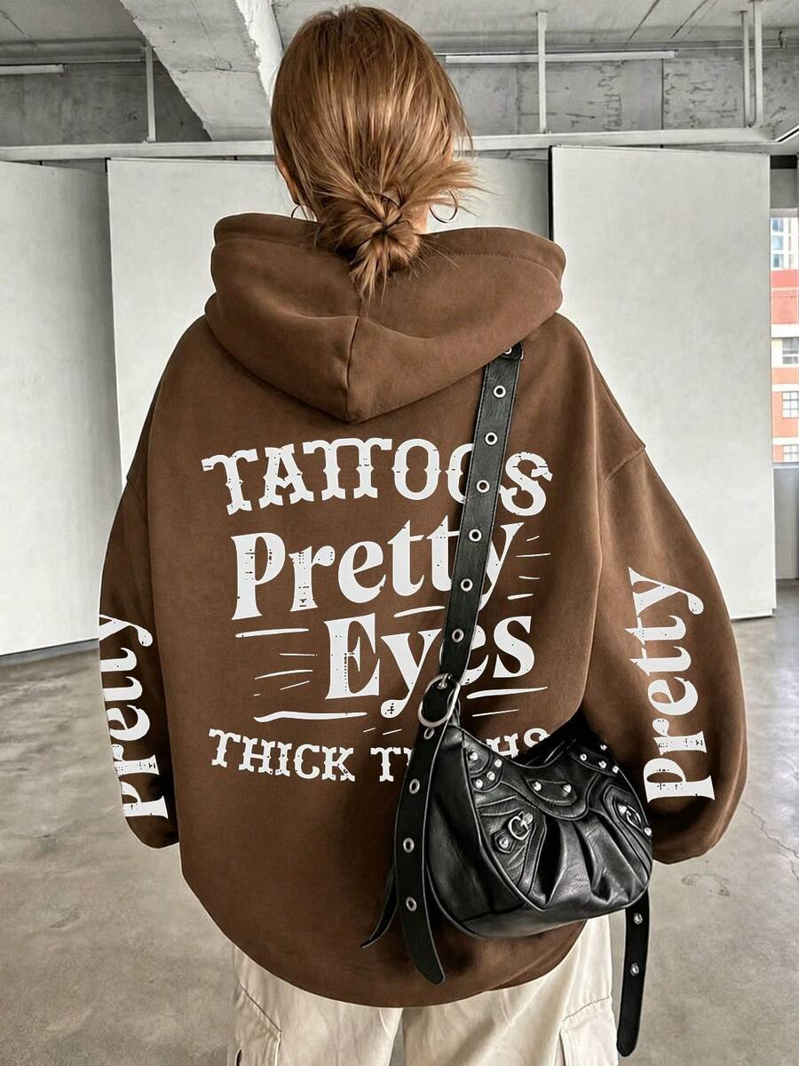 PRETTY 印花圖案大尺碼女款休閒秋冬長袖口袋運動衫 棕色 - 棕色 - 查看 1