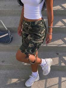 Women's Loose Straight Leg Camouflage Y2K Multi-Pocket Denim Shorts Casual Vacation Summer - Khaki - View 3
