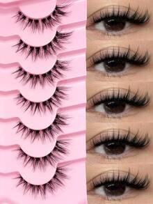 Sibeuna 7 Pairs Fox Eye False Eyelashes, Natural Style, Transparent Band, Cross Design, Soft Faux Mink Hair, Elongated Tail, Reusable, Suitable For Daily Eye Makeup, Beginner Friendly - Black - View 1