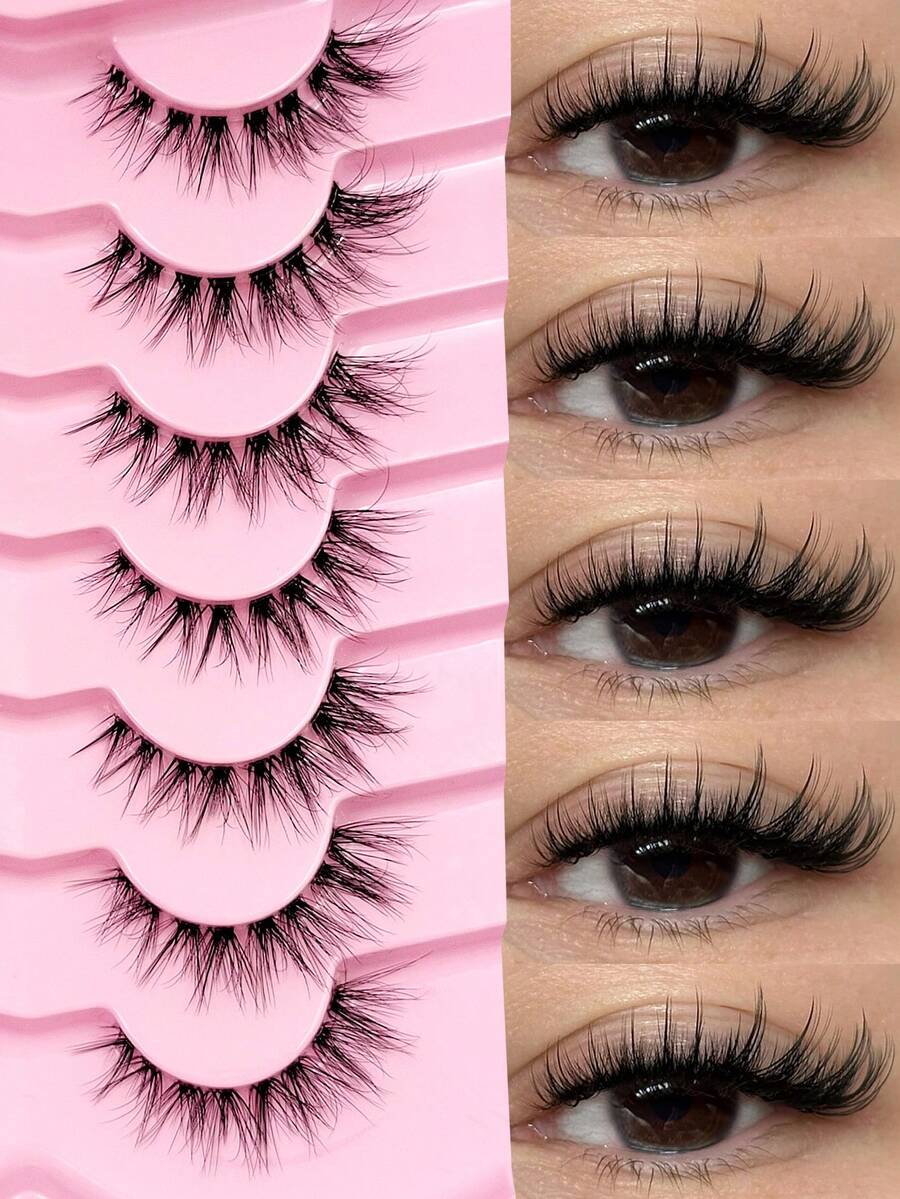 Sibeuna 7 Pairs Fox Eye False Eyelashes, Natural Style, Transparent Band, Cross Design, Soft Faux Mink Hair, Elongated Tail, Reusable, Suitable For Daily Eye Makeup, Beginner Friendly - Black - View 1