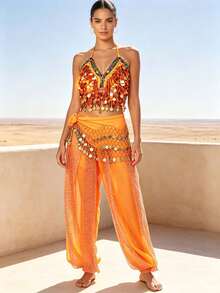 Professional Belly Dance Coin Fringe Halter Crop Top With Waist Scarf, Elastic Waist Dot Mesh Harem Pants For Dance Training, Stage Shows And Competitions - Multicolor - View 15