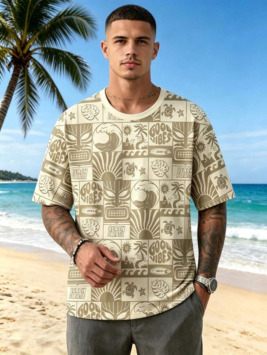 Men's Crew Neck Digital Print Short Sleeve T-Shirt - Multicolor - View 1