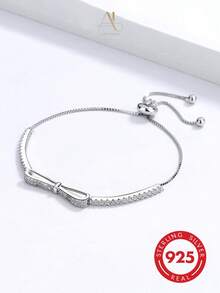1pc 925 Sterling Silver Women's Silver Bow Full Rhinestone Adjustable Bracelet, Minimalist Luxury Couple Jewelry, Wedding Anniversary Gift Accessory - Silver - View 3