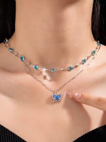 2 piezas/Set Collar con colgante de mariposa de strass en capas, conjunto de collar de moda para adolescentes - Estilo 3 - Ver 4