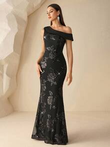 XUCTHHC Elegant One Shoulder Black Flower Sequin Mermaid Formal Evening Gown, For Wedding,Birthday,Prom,Graduation, Festivals, Fall/Winter - Black - View 5