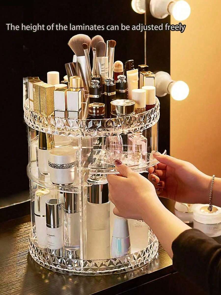 1pc Double Layer 360° Rotating Large Capacity Transparent Desktop Cosmetic Organizer, Makeup Storage, Jewelry Storage, Jewelry Storage Box