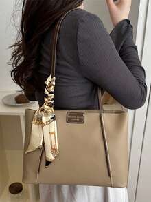 Vintage weiche Seidenschal Dekoration Tragetasche, Premium minimalistische große Kapazität Pendler Schultertasche, Nischen vielseitige strukturierte Achseltasche Damen Handtasche - Helles Khaki - Übersicht 2