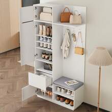 Compact Wardrobe With Mirror And Bench - Entryway Furniture Set - White - View 7