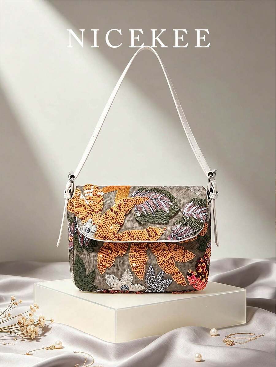 Vacation Style Premium Texture Flip Shoulder Bag, Embroidered Sequin Flower Decoration Design, Elegant And Exquisite Fashion Style Women's Armpit Bag - Multicolor - View 1