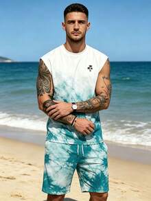 Men's Digital Print Sleeveless Tank Top And Shorts Set - Multicolor - View 4