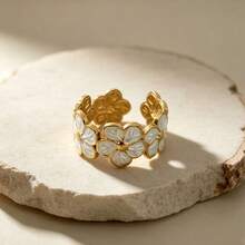 1 pieza Anillo abierto elegante de acero inoxidable chapado en oro mate con diseño de flor para mujer, adecuado para uso diario, citas y compras - Como se muestra en la imagen - Ver 4