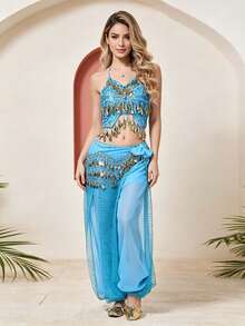 Belly Dance Embroidered Coin Fringe Halter Crop Top With Waist Scarf, Sequin Panel Chiffon Harem Pants For Arabian Themed Party & Stage Performance - Multicolor - View 7