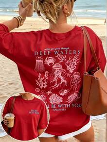 Cute Marine Life Print Women's Loose T-Shirt, Round Neck Short Sleeve Summer Top, Vintage Street Style Washed Cotton Graphic Tee For Vacation Daily - 紅色 - 查看 8