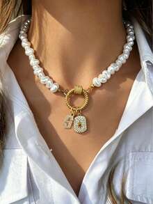 1pc Elegant Women's Baroque Pearl Necklace - Letter Pendant; Octagonal Star. Heart-Shaped Necklace. High-End Vintage, Suitable As A Holiday Gift For Women - Gold - View 25