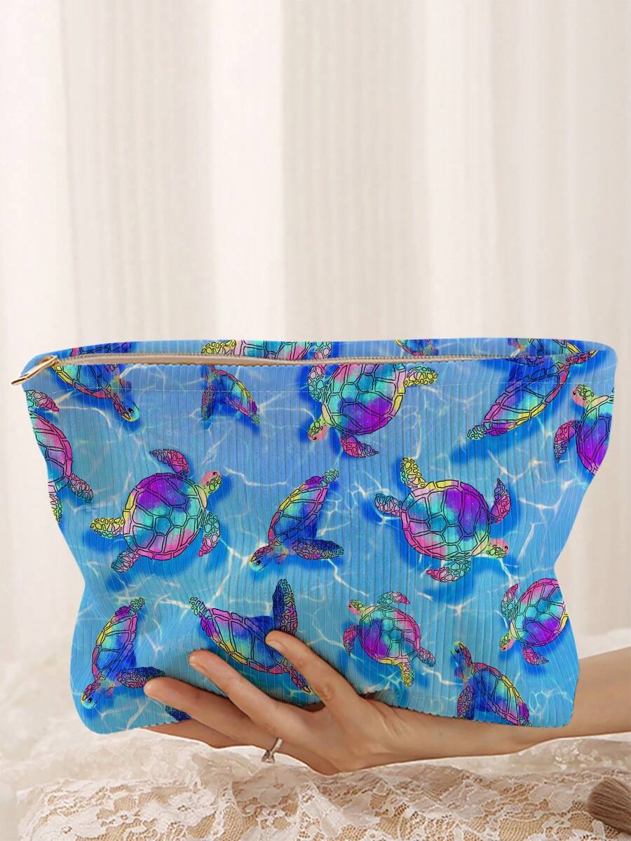 1 pieza Bolsa de almacenamiento de cosméticos portátil, bolsa de maquillaje con cremallera de viaje con estampado de elementos de tortuga y océano de doble cara, organizador multifuncional de artículos de tocador - Multicolor - Ver 1