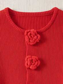 Romantic Pink Round Neck Knit Cardigan 3D Rose Fasteners Ruffle Edge Long Sleeve For Fall Holiday Brunch City Strolls - Red - View 7