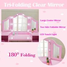 Tocador Infantil Princesa con Espejo Triple y Luz Táctil – Convertible a Mesa de Estudio, Estante de Almacenamiento + Silla Alta y Taburete Incluidos – Para Niñas, Madera Resistente - Rosa Roja - Ver 2