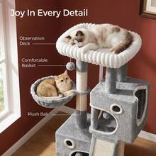 HEXCELEN Leisure Cat Tree, 115.5 Cm Mini Cat Tree, Sturdy Home Model, Includes A Soft Viewing Platform, Interactive Pom-Poms, Hiding Places, Scratching Posts, And Climbing Ramps, Light Gray. - Light Grey - View 3