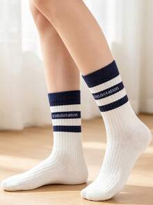 1/5 pares de calcetines de media caña para mujer con estampado minimalista de letras azul y blanco, versátiles para el uso diario - Multicolor - Ver 2