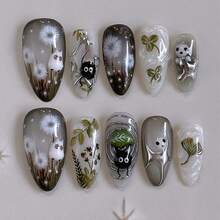 24 Pcs Clear Smudge Press On Nails Short Almond, Fall Winter Fake Nails Press Ons Acrylic Nail Art Tips Kit Full Cover False Nails Glue On Nails With Dandelion Plant Spirit Design For Women - 黑色幽靈 - 查看 1