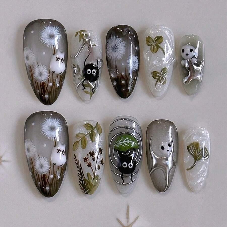 24 Pcs Clear Smudge Press On Nails Short Almond, Fall Winter Fake Nails Press Ons Acrylic Nail Art Tips Kit Full Cover False Nails Glue On Nails With Dandelion Plant Spirit Design For Women - 黑色幽靈 - 查看 1