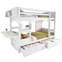 Kids Double Bed Frame With Folding Desk And Shelf, Includes Ladder And 2 Drawers, - White - View 5