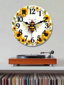 Bee And Sunflower Wall Clock- 10/12IN Round Wooden Clock, Silent Movement, Battery Operated(AA Batteries Not Included), Perfect For Bedroom, Living Room And Office Decoration- Charming Anniversary And Holiday Gift, Bee Decoration - A - View 4