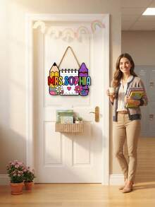 1pc Personalized Custom Pencil Crayon Notebook Shaped Classroom Hanging Wood Sign,Custom Teacher Name Text Function,Cute School Supply Cartoon Print,Jute Rope Hanging Design,Teacher Appreciation Holiday Gift,Classroom Front Door Hallway Wall Decor - Multicolor - View 5